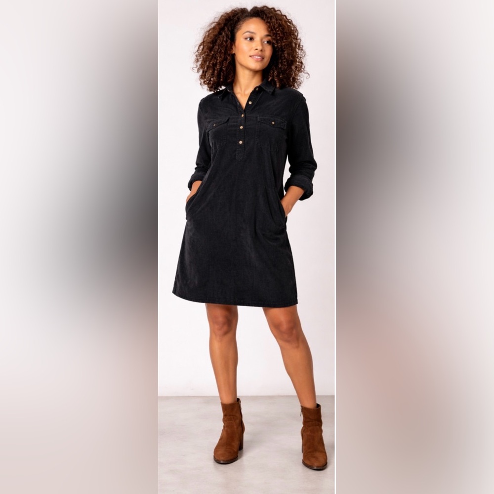 FatFace UK Amelie Black Cord Dress 3/4 Sleeve Cotton Shirt Dress US 18 Sold Out